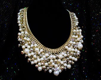 Vintage necklace, rhinestone pearls, signed WH/BM, gold toned, "Megan"
