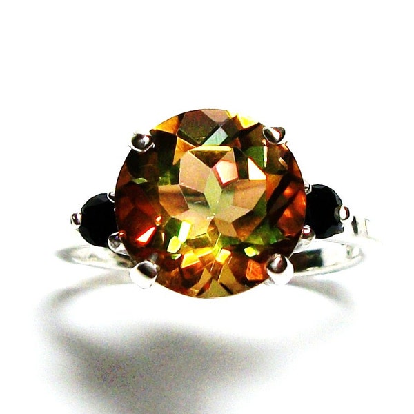 Topaz ring, orange topaz ring, 3 stone ring, orange green pink, anniversary ring,  s 6 3/4   "Black eyed Susan"