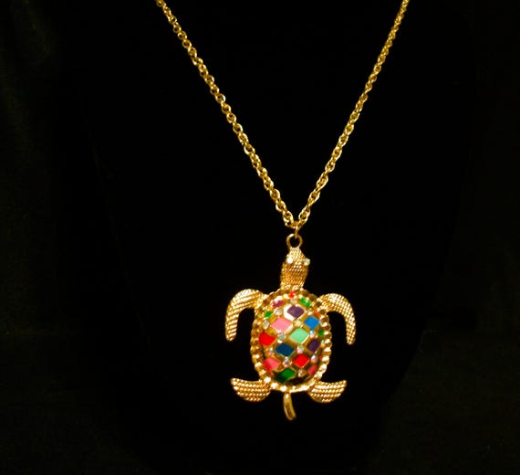 Vintage sea turtle, Turtle necklace, gold tone enamel, multicolor inlays, rhinestone eyes, 24 inches, "Toby Turtle"