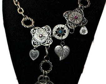 Vintage bib necklace, vintage flowers, pink bronze teal, silver tone metal, faceted acrylic, rhinestones, "Steampunk Annie"