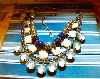 Vintage necklace, hand designed, beads crystal enamel, blue white cream, "Creamsicle"
