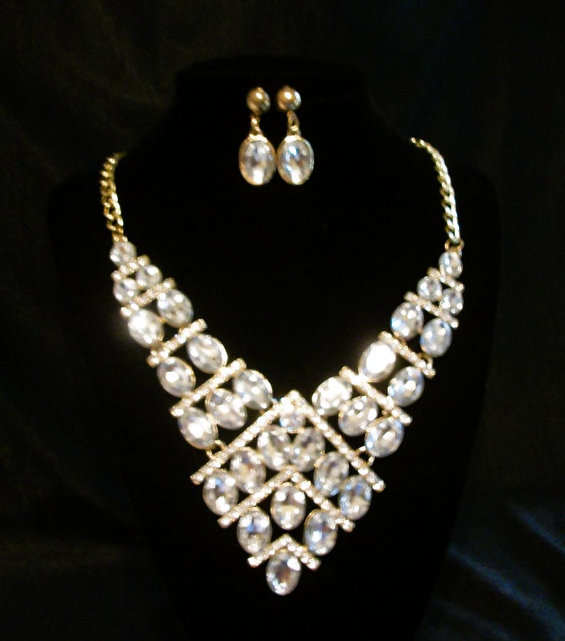 Vintage necklace set, wedding necklace, wedding gift, rhinestone necklace, rhinestone earrings, bib neck, On Sale, "Rhinestone Babe" image 2