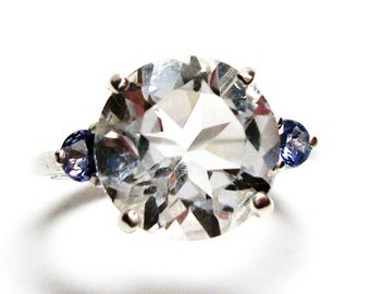 Quartz accent ring, quartz tanzanite ring , 3 stone ring, blue white, anniversary, s 6 1/2  "Snowflake"