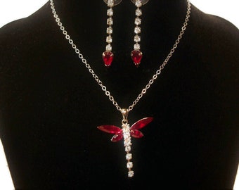 Vintage dragonfly, dragonfly necklace, matching earrings articulating pendant, red white silver, vintage glass, "Red fire dancer"