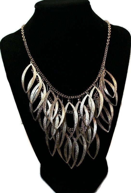 Vintage necklace, feather necklace, brushed gold, statement necklace, tri layered, golden metal,  "Fancy Feathers"