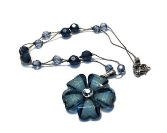 Beautiful vintage, beaded acrylic, flower necklace, teal blue, rhinestone necklace, silver gray,  "Night Lights"