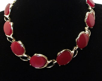 Vintage necklace, lucite necklace, goldtone red, vintage unsigned, coro red, faux cabochon, "Lively Red"