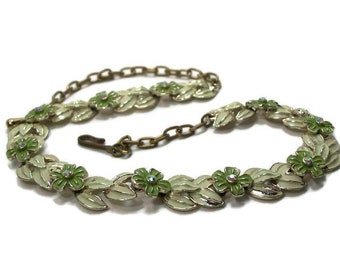 Vintage enamel pendant, green cream, rhinestones, flower & petals, very old necklace, "Sage Blossom"