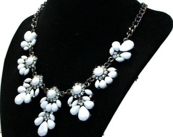 Vintage acrylic necklace, faceted petal necklace, white bronze, rhinestone necklace, statement necklace, "Ginger Tea"