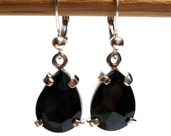 Black spinel, black spinel  earrings, black dangle earrings, pear dangle earrings, lever back earrings, black earrings,  "Foot Loose"