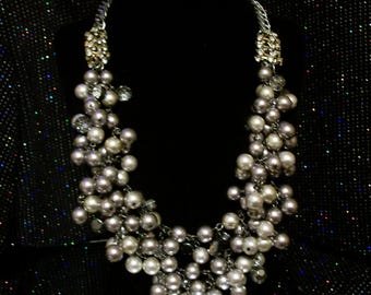 Vintage Faux Pearl Rhinestone Statement Necklace, Wedding Party Jewelry "Bubbles & Rhinestones"