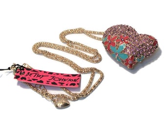 Vintage betsy johnson, betsy johnson necklace, enamel rhinestone, heart necklace, pink green red, &quot;Flower Power&quot;