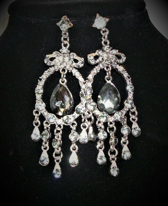 Vintage earrings, chandelier earrings, rhinestone earrings, dangle earrings, party earrings, black and white,  "Cha Cha"
