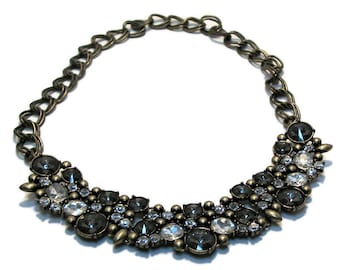 Just reduced Vintage bib necklace, premier design, vintage premier, bronze brown white, vintage crystals, "Awakening"