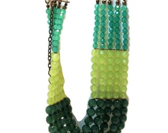 Vintage necklace, acrylic necklace, beaded necklace, statement, multilayered, lime green sea green,   &quot;Limelight&quot;