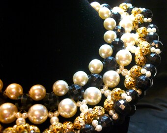 Vintage collar necklace, runway jewelry, black and white, pearls and rhinestones, dramatic statement,  "Cocktail Party"