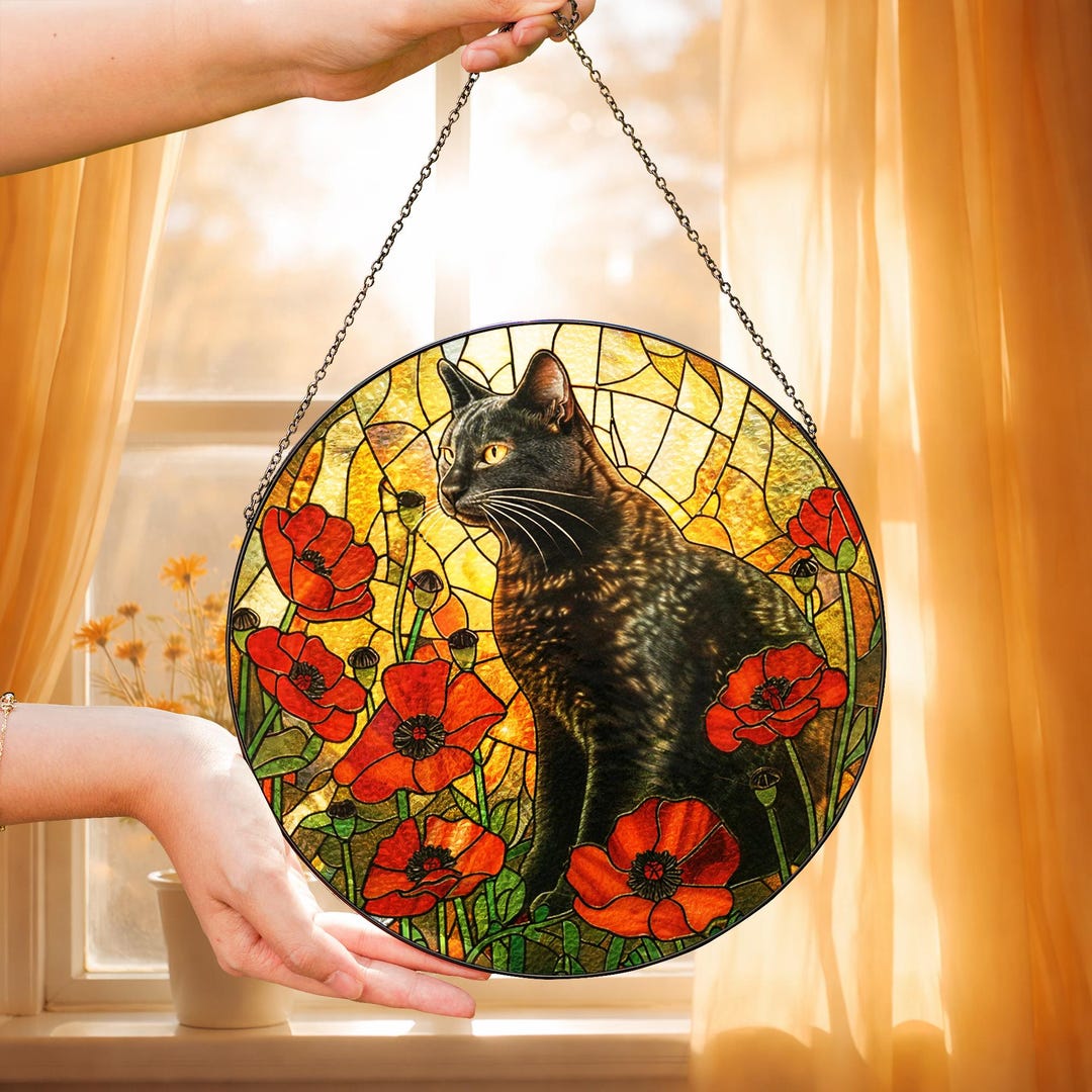 Black Cat Stained Glass Suncatcher With Red Flowers Perfect Gift for ...