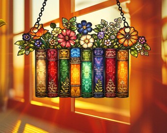 Books & Flowers Acrylic Suncatcher – Faux Stained Glass Floral Bookshelf Hanging, Gift for Readers, Book Club Window Decor