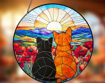 Black and Orange Cat Couple Glass Suncatcher, Glass Window Hanging, Garden Decor