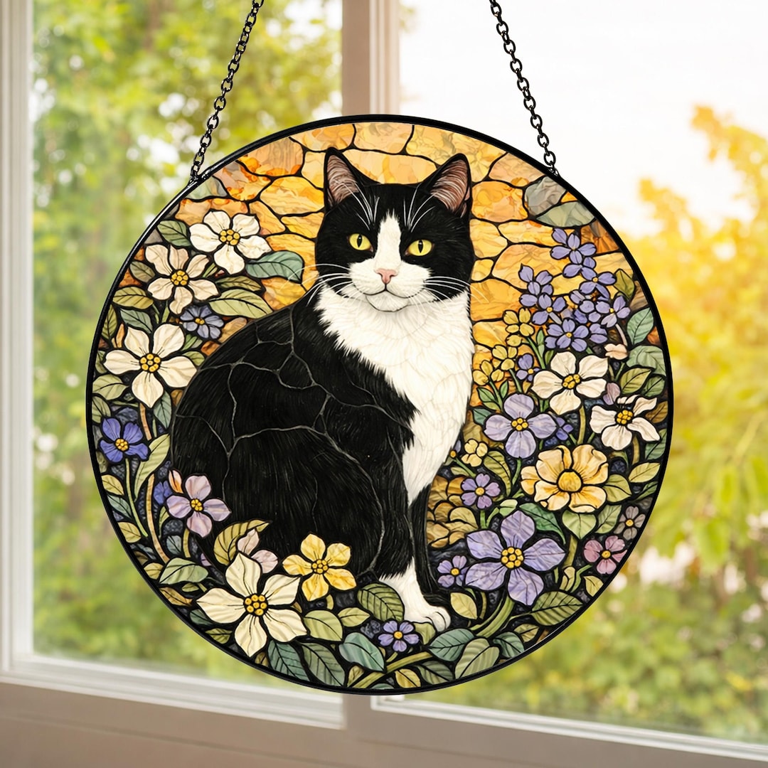 Tuxedo Cat Stained Glass Suncatcher, Floral Window Hanging - Etsy