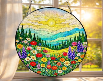 Mountain Wildflower Suncatcher Stained Glass Window Hanging Nature Art Gift for Mom Birthday