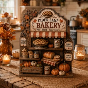 May include: A decorative wooden Cider Lane Bakery display featuring shelves with miniature baked goods, including a pie, bread, and muffins. The sign reads Cider Lane Bakery, Pies, Bread, Fall Treats, Fresh Today, Baked With Love, Country Kitchen, Harvest Blessings, and Pumpkin Butter.
