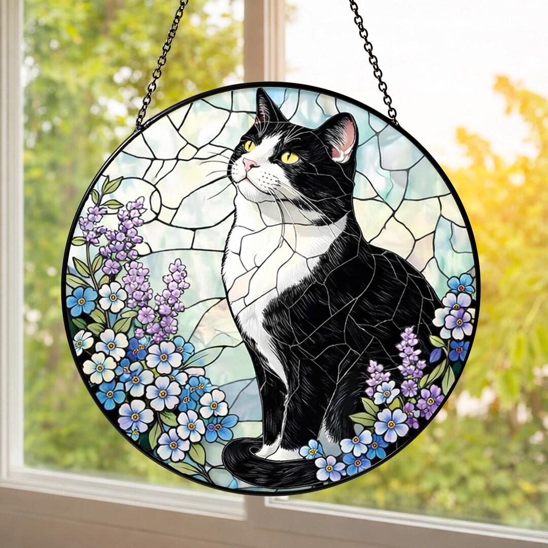 Tuxedo Cat Stained Glass Suncatcher – Floral Window Hanging - Etsy