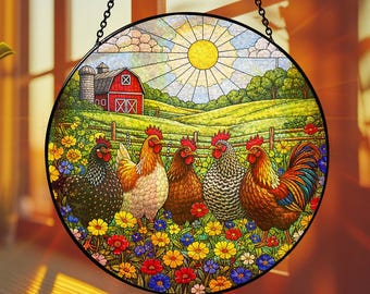 Chickens in Flowers Garden Stained Glass Suncatcher, Farmhouse Window Hanging Decor, Chicken Lover Decor, Outdoor Sun Catcher Decor