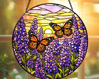 Lavender Monarch Butterfly Stained Glass Suncatcher for Window Hanging Wall Decor Art Gift for Butterfly Lovers Flower Ornament Holiday Gift