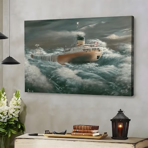 Ship in Storm Canvas, Nautical Wall Art, Ocean Waves Painting, Maritime Decor, Inspirational Sailor Gift, Coastal Home Canvas Wall Art