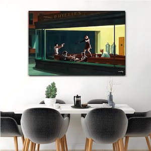 Retro Diner Scene Canvas, Cinematic Wall Art, Vintage Noir Painting, Movie Style Pop Art Print, Classic American Cafe Artwork for Home