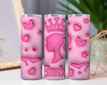 Tumbler wrap 3D rosa con bambola alla moda / Design glamour senza cuciture a sublimazione (PNG)