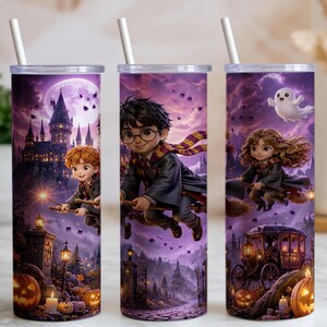 Harry Potter Halloween 20oz Skinny Tumbler-Folie (PNG), Harry, Ron, Hermine, fliegender Besen, Schloss – Sublimationsdesign, digitaler Download