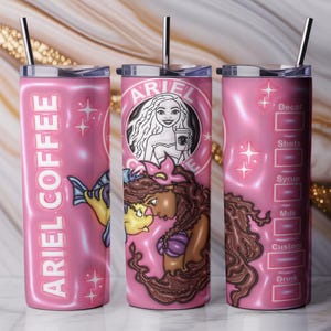May include: Pink tumbler with a stainless steel straw. The tumbler features the text "ARIEL COFFEE" vertically, and a design with Ariel and Flounder. The center of the tumbler has a design of Ariel holding a coffee cup. The right side has a coffee drink customization chart.