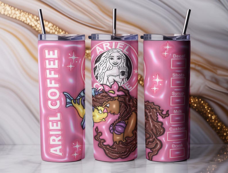 May include: Pink tumbler with a stainless steel straw. The tumbler features the text "ARIEL COFFEE" vertically, and a design with Ariel and Flounder. The center of the tumbler has a design of Ariel holding a coffee cup. The right side has a coffee drink customization chart.