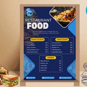 May include: A restaurant menu board with a blue and white design, listing main courses, appetizers, and drinks. The menu includes fried rice, steak, chicken, and salmon. The image also features illustrations of sandwiches, fries, and a burger.