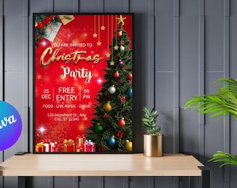 May include: A framed Christmas party invitation with a red background and a decorated Christmas tree. The text "YOU ARE INVITED TO Christmas Party" is in gold. The date, time, and location are also listed. Presents are at the bottom.