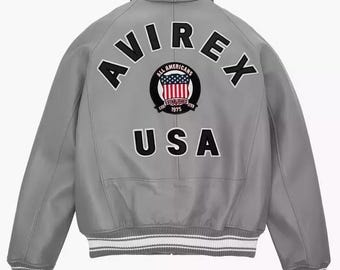 Men's Gray Lambskin Leather Bomber Jacket -  Avirex USA Aviation Style
