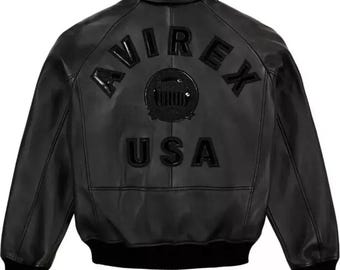 Chaqueta bomber de piel de cordero auténtica negra para hombre - Avirex American Aviation Style Coat