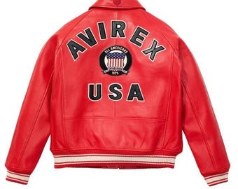 Avirex Red Sheepskin Leather Real Bomber Jacket - USA Icon Flight Jacket