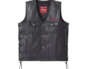 Indian Motorcycle Men's Black Genuine Cowhide  Leather Biker Vest : Western Style
