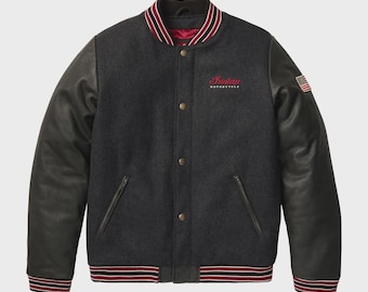 Men's Indian Motorcycle Varsity  Jacket: Black Wool Handmade Vintage Bomber Jacket