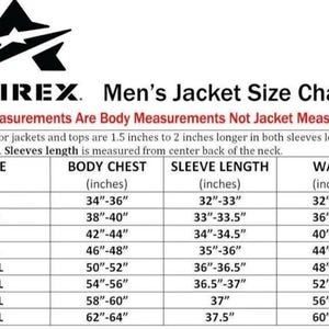 May include: A size chart for AVIREX men's jackets, detailing body chest, sleeve length, and waist measurements in inches. Sizes range from S to 5XL, with corresponding measurements provided for each size. The chart also includes a logo.