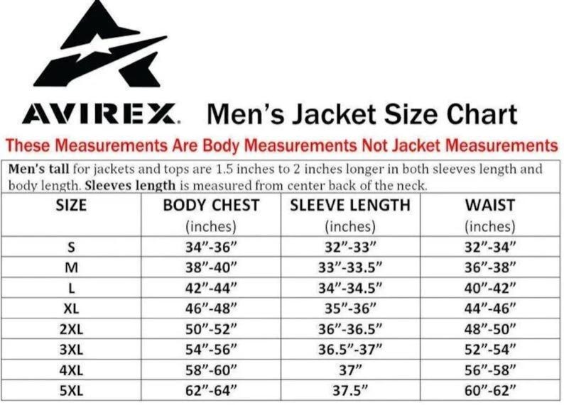 May include: A size chart for AVIREX men's jackets, detailing body chest, sleeve length, and waist measurements in inches. Sizes range from S to 5XL, with corresponding measurements provided for each size. The chart also includes a logo.