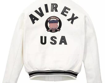 Avirex White Bomber Jacket : Men's American Style Genuien  Lambskin Leather Jacket