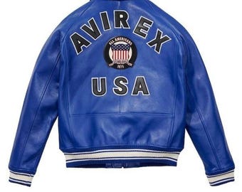 Avirex Blue Echte Bomber American Fliegerjacke: Echte Lammfell Lederjacke