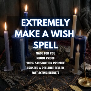 May include: A collection of lit blue and white candles arranged on a dark cloth with printed geometric patterns, accompanied by dried herbs, crystals, and a small brass dish. The text reads EXTREMELY MAKE A WISH SPELL, MADE FOR YOU, PHOTO PROOF.