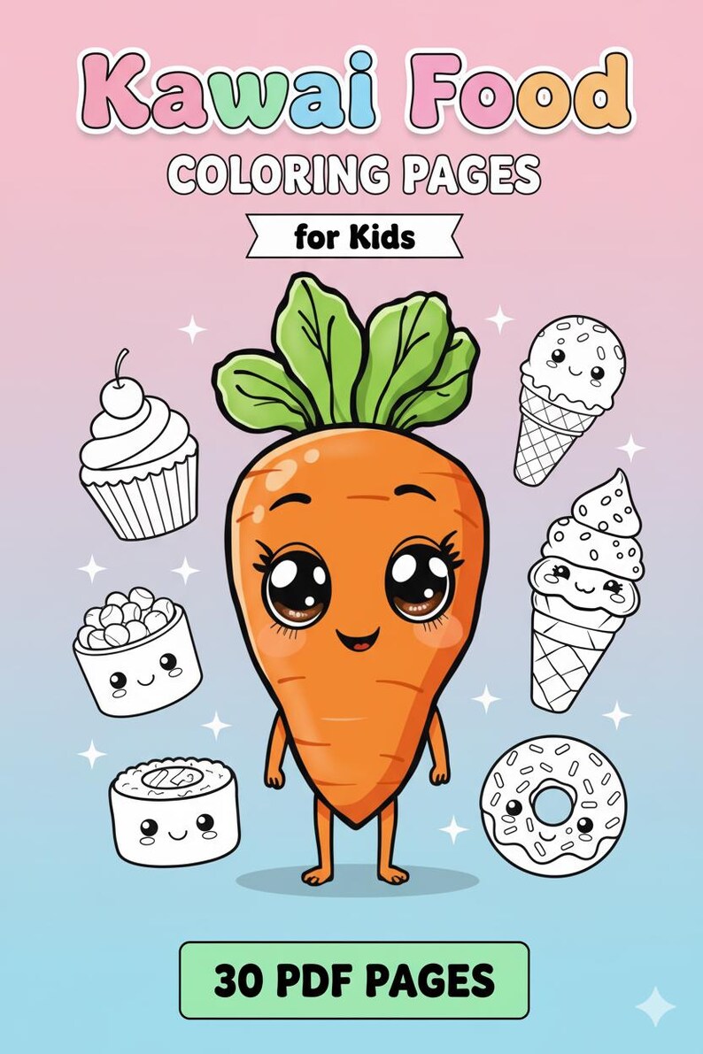 Kawaii Food Coloring Pages for Kids – Cute Snack Characters, Printable ...
