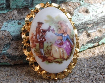 France Hand Signed Rose Bouquet Gold Gilt Lace Porcelain BROOCH Pin Vintage 19C Hand Painted Limoges REF 376