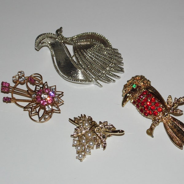 LOT Vintage Brooches Bird W/ Red Rhinestones, Pink & Clear Rhinestone, Faux Pearl Grape Brooch Signed Emmons, Silver Tone Pin Signed Lisner